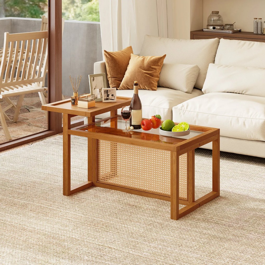 Mesa de Centro, 102 x 56 x 56 cm, Tampo de 2 Níveis, Natural