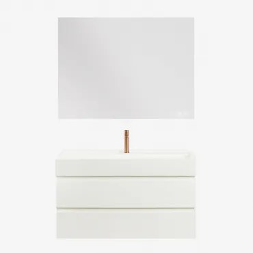 Conjunto De Móvel De Casa De Banho Suspenso Em Madeira E Folha De Freixo Com Lavatório Integrado Ona Branco & Retangular Led - Sklum