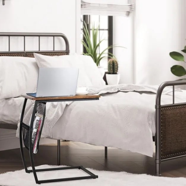 Mesa apoio em forma de C com bolso lateral em estilo industrial para sofá e cama de sala de estar 52 x 35,5 x 59,5 cm Castanho