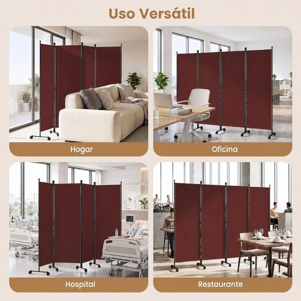 Biombo Separador de Ambientes Dobrável de 4 Painéis, 221 x 35,5 x 173 cm, Rodas Multidirecionais com Travão, Castanho