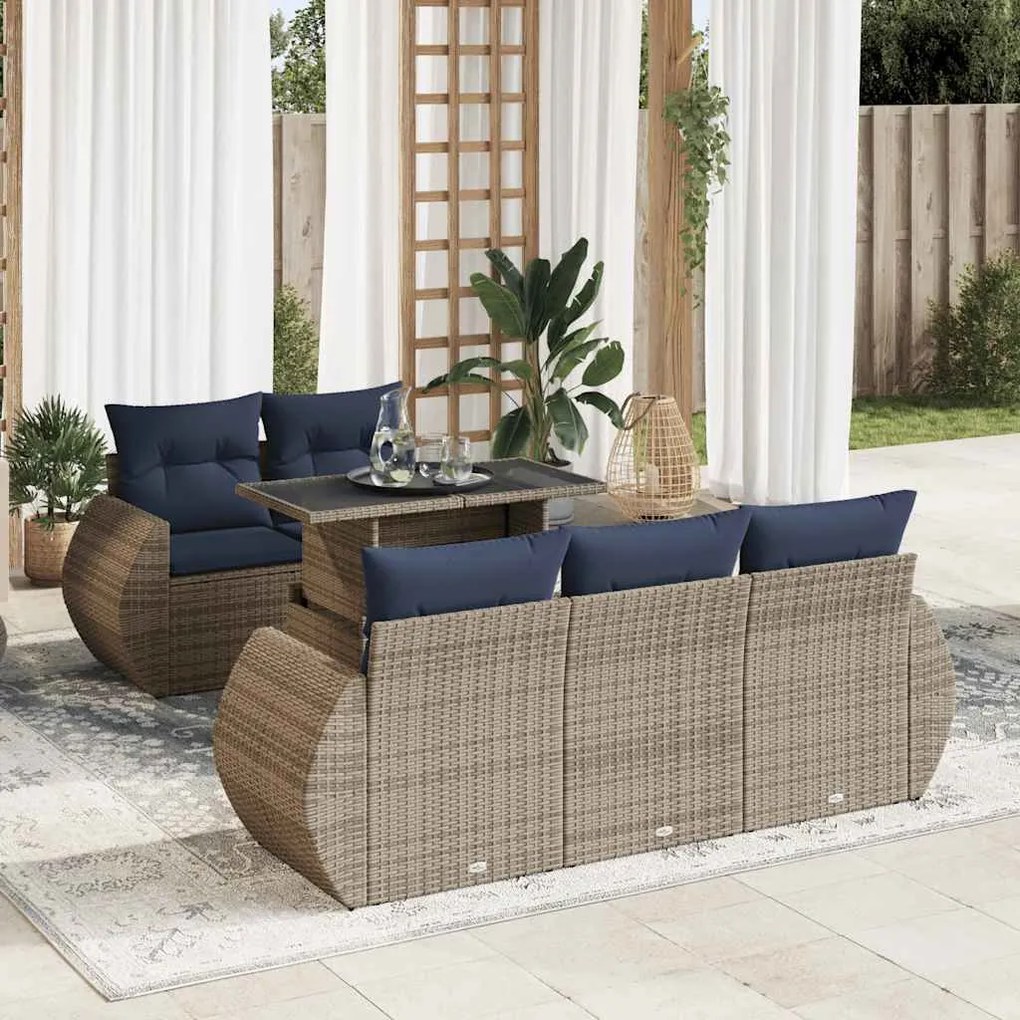 6 pcs conjunto sofás jardim com almofadões PE/acácia cinzento