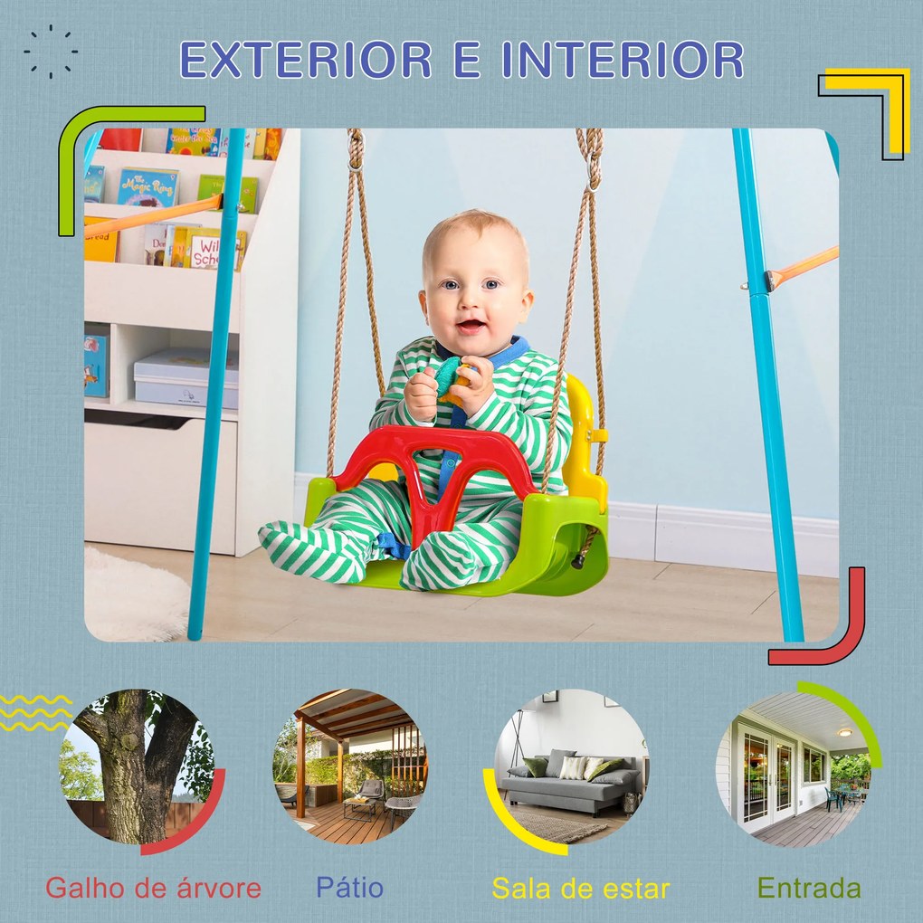 Outsunny Baloiço para Bebé 3 em 1 com Encosto Desmontável Cordas Ajustáveis e Barra em T Baloiço Infantil para Crianças de 9-36 Meses para Interior e Exterior 42x33x120-180 cm Multicor