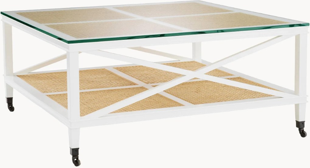 Mesa de centro com rodas em madeira de mogno com prateleira em vime e tampo de vidro Bahamas