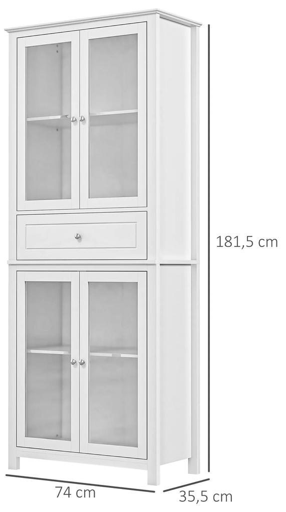 Armário de Cozinha com 4 Portas de Vidro Temperado Gaveta e Prateleiras Ajustáveis 74x35,5x181,5 cm Branco