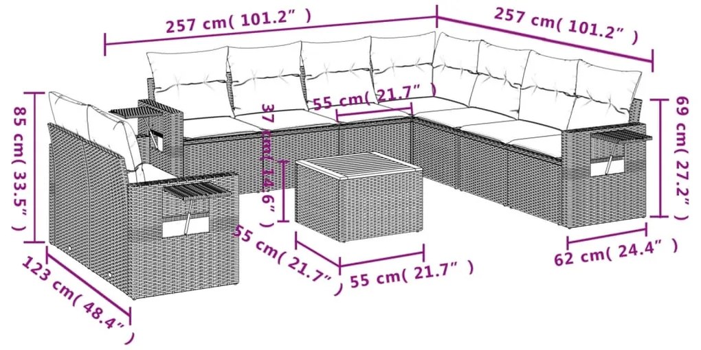 10 pcs conjunto sofás de jardim c/ almofadões vime PE preto