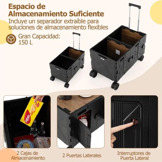 Carrinho utilitário grande com caixas de armazenamento de 2 níveis, 5 rodas, carrinho portátil dobrável para compras, campismo, Preto