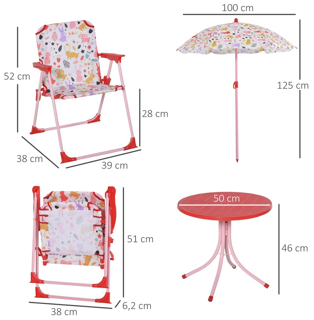 Outsunny Conjunto de Mesa e Cadeiras de Exterior Conjunto de Piquenique Dobrável para Jardim Conjunto de Mesa com Chapéu de Sol Ajustável 100-125 cm e Proteção Solar Vermelho