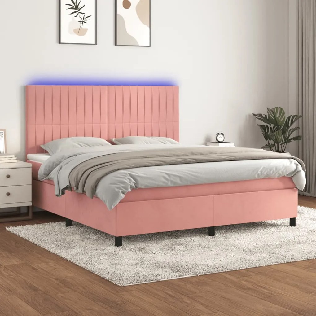 Cama box spring c/ colchão/LED 160x200 cm veludo rosa