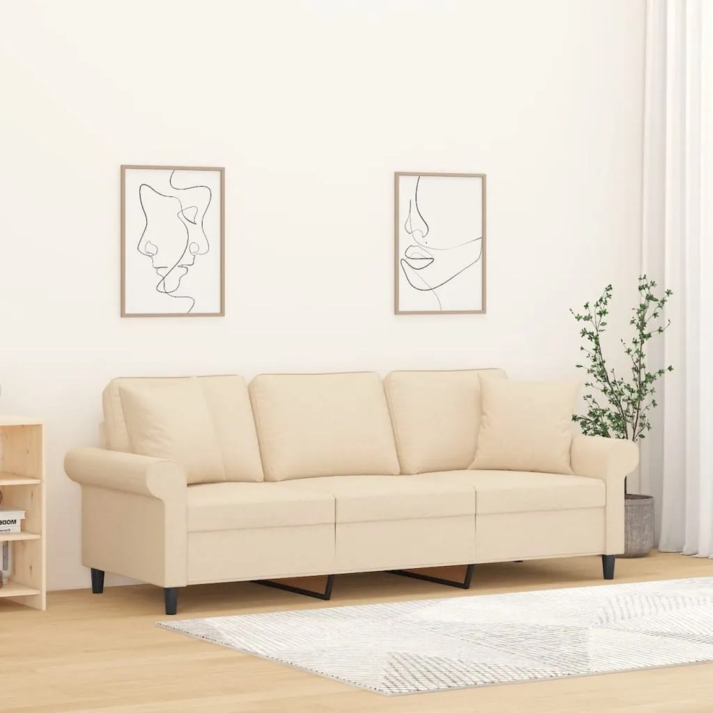 vidaXL Sofá 3 lugares c/ almofadas e almofadões 180cm tecido cor creme