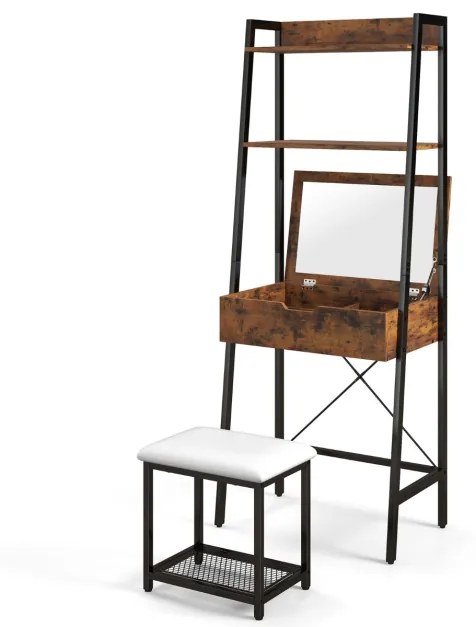 Toucador maquiagem em formato de escada com cadeiras de painel duplo, compartimentos ocultos e banco acolchoado Preto + Castanho Rústico