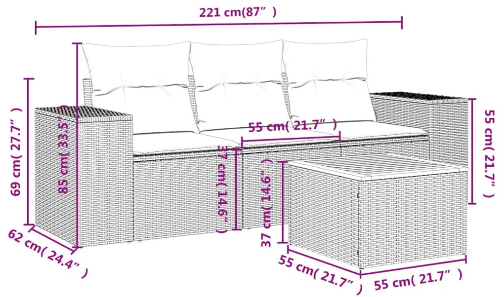 4 pcs conjunto de sofás para jardim c/ almofadões vime PE preto