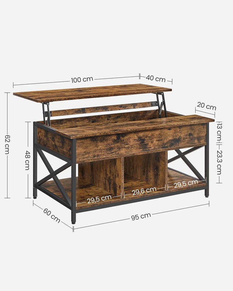 Mesa de centro ajustável em altura para sala de estar 60 x 100 x (48-62) Castanho Vintage e Preto