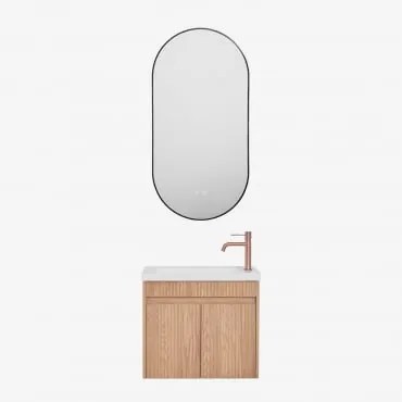 Conjunto De Móvel De Casa De Banho Suspenso Em Madeira Com Lavatório Integrado Narek Castanho Fresno & Ovale Led E Antifog Preto 50x100 Cm - Sklum