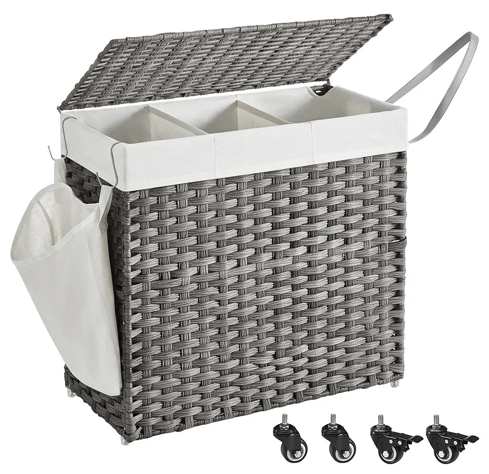 SONGMICS Cesto de roupa suja, cesto de roupa suja tecido à mão, cesto de roupa estilo rattan de 140 L com 3 compartimentos, forro removível, alças, tampa, sala de estar, banheiro, 66 x 33 x 60 cm, cinza LCB363G01
