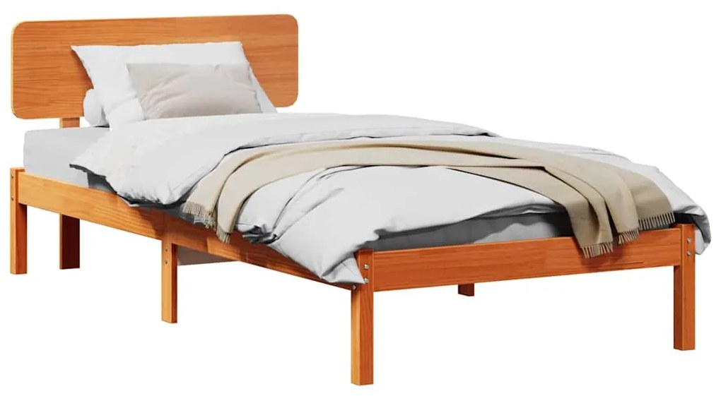 Cama com cabeceira em tom de madeira 75x190 cm, feita de pinho sólido