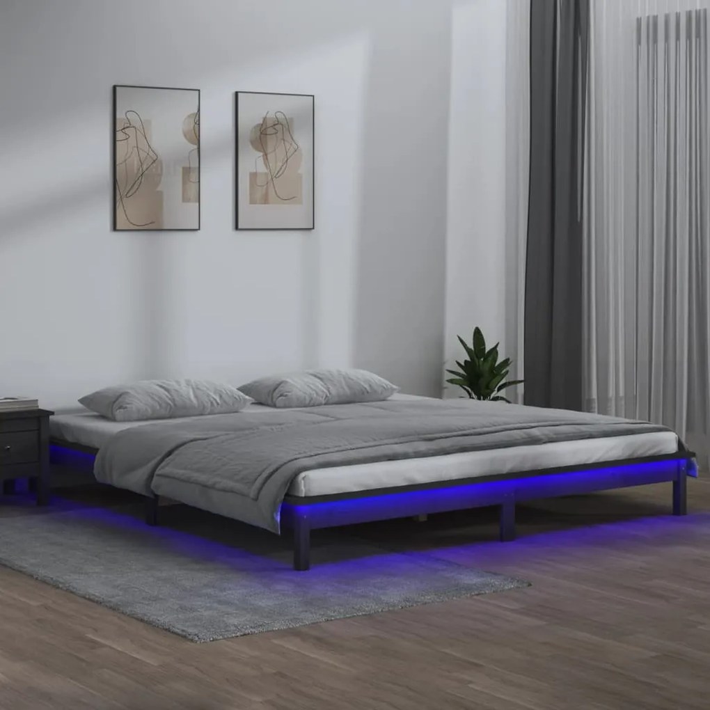 820623 vidaXL Estrutura cama super king c/ LED 180x200cm madeira maciça cinza