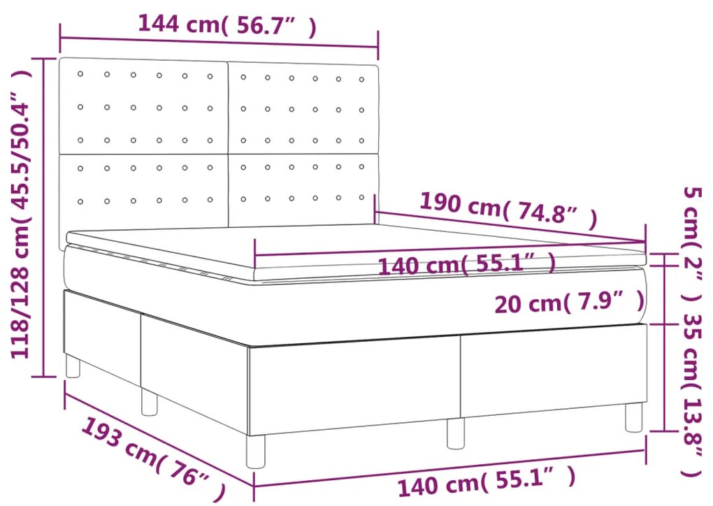 Cama box spring c/ colchão/LED 140x190 cm veludo cinzento