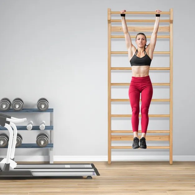 Barras de parede escada ginástica, encosto de madeira para academia, fitness, carga doméstica de 150 kg, inclui 4 âncoras, 195 x 81 x 14 cm