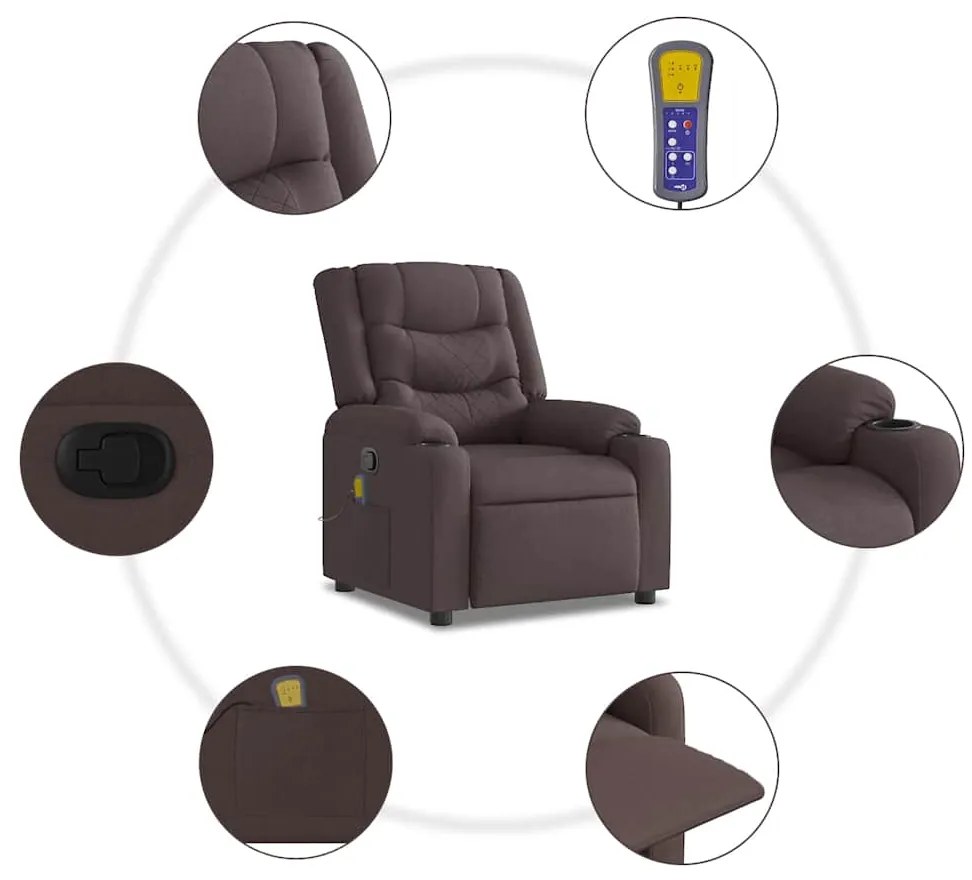 Poltrona de massagens reclinável tecido castanho-escuro