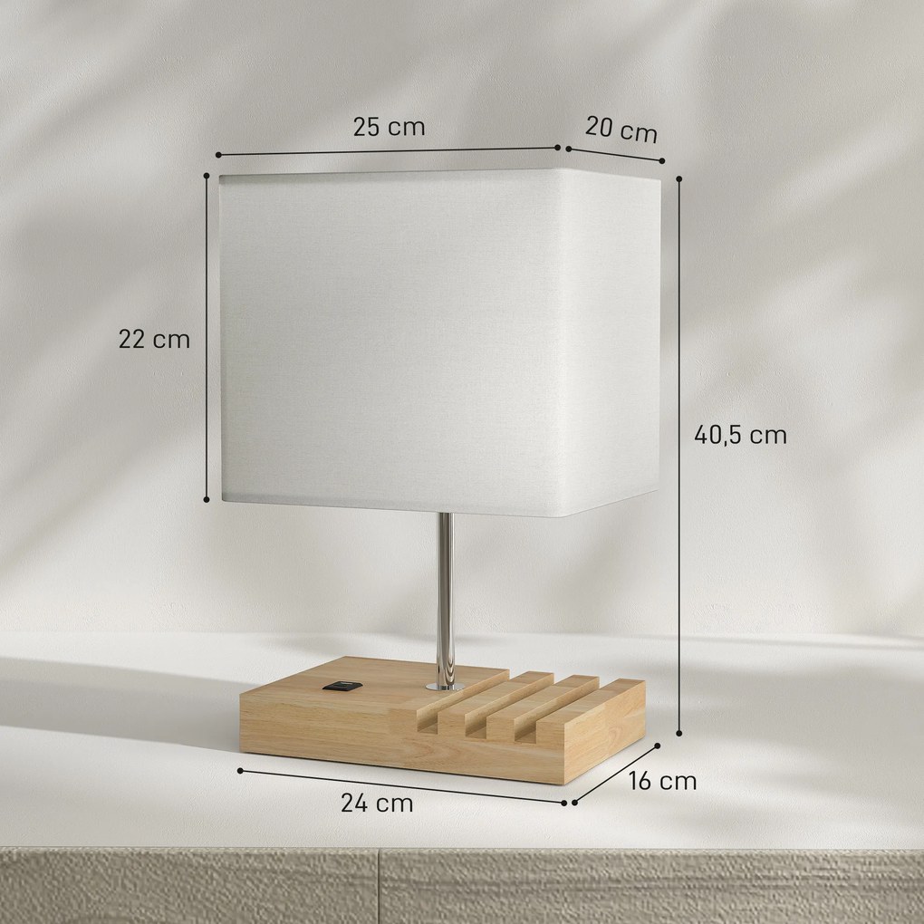 Candeeiro de Mesa com Portas USB-A/C Três Ranhuras para Telemóveis Base de Madeira e Ecrã de Tecido E27 40W 25x20x40,5 cm Branco