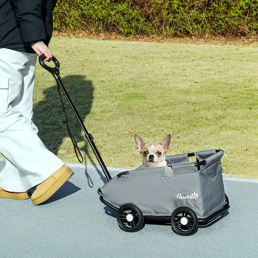 Carrinho para cães, carrinho dobrável para cães pequenos com 4 rodas e barra de empurrar ajustável, 53 x 45 x 28 cm, cinzento