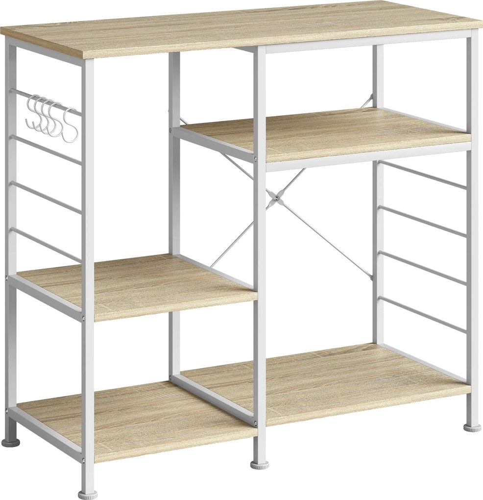 HOMCOM Estante de Cozinha com Prateleiras em Madeira e Metal com 5 Ganchos, Salva Espaço, 90x39x83.5 cm, Carvalho | Aosom Portugal