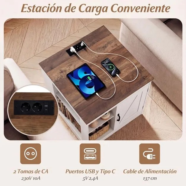 Mesa apoio, mesa cabeçeira Rústica 60 x 60 x 61 cm com Estação de Carregamento, com Porta Deslizante para Quarto e Sala Branco + Natural