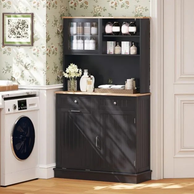 Armário Cozinha 100 x 34 x 172 cm com Porta para caixote de lixo com porta dupla basculante com bancada preto