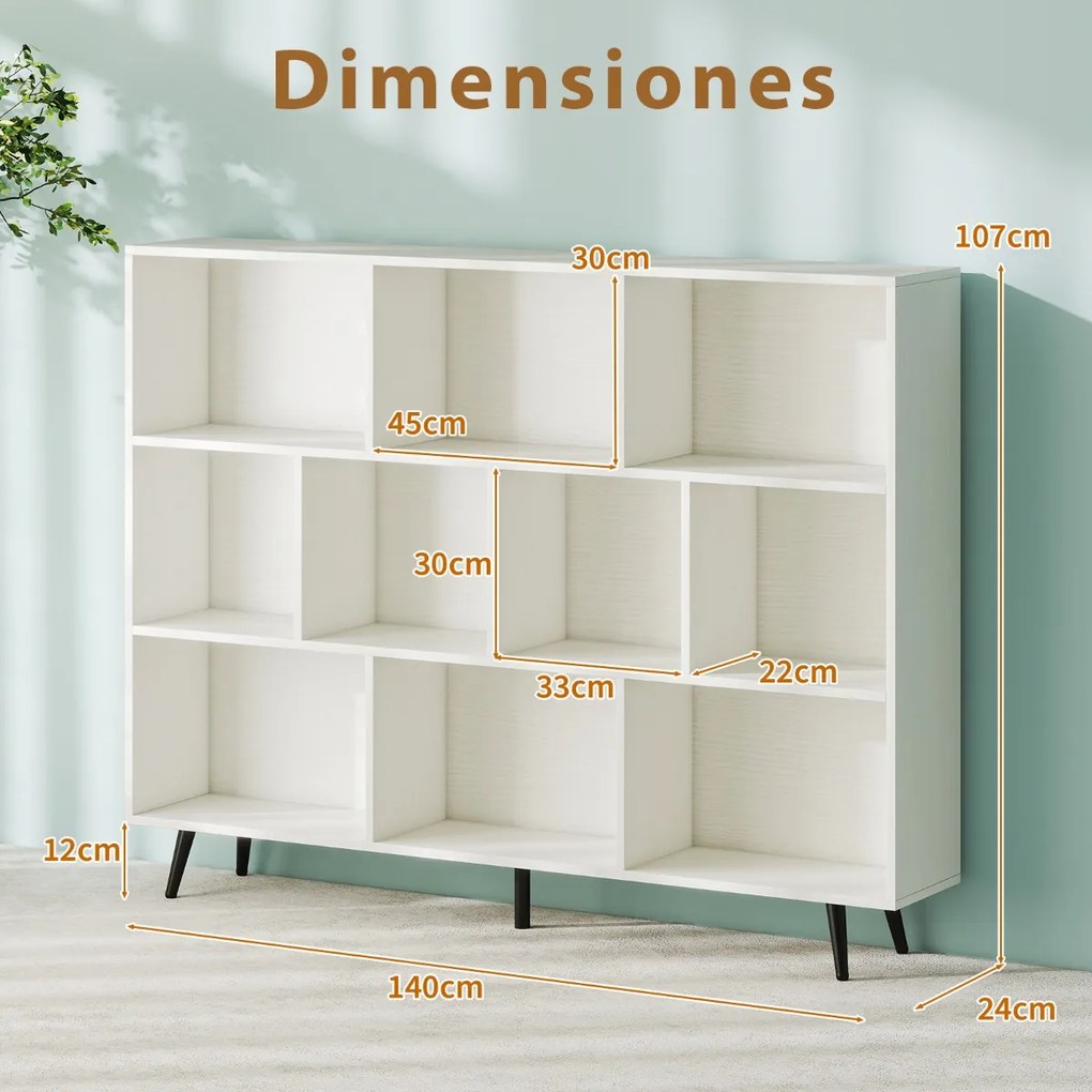 Estante de 3 níveis com 10 cubos, 4 pés de metal e dispositivo anti-capotamento para sala de estar ou escritório 100 x 24 x 107 cm branco