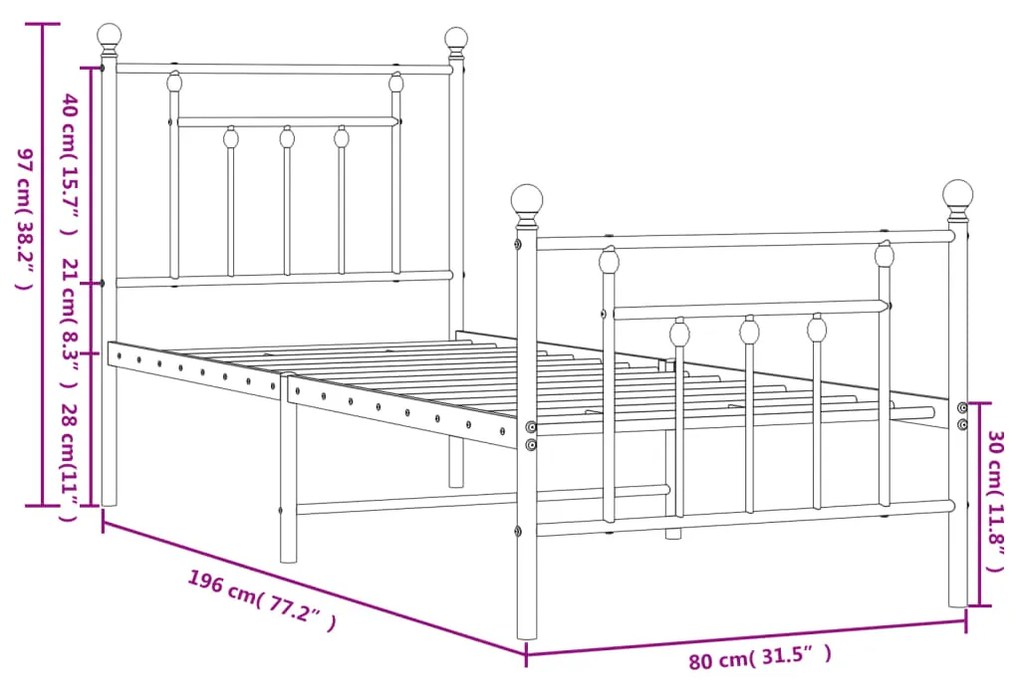 Estrutura de cama com cabeceira e pés 75x190 cm metal branco