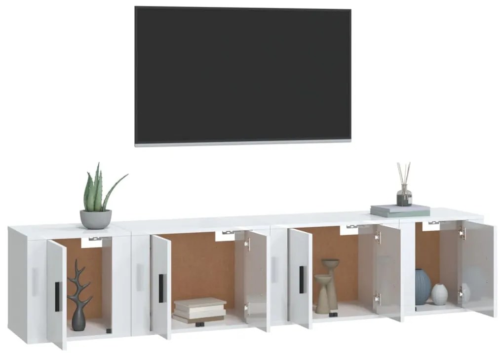 4 pcs conjunto móveis de TV madeira processada branco brilhante
