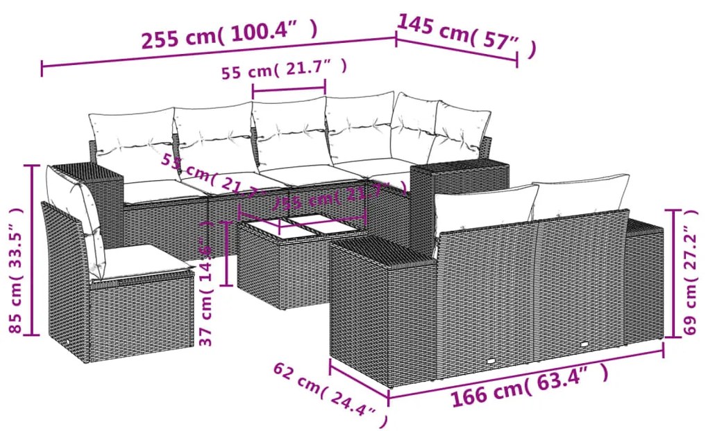 9 pcs conjunto sofás p/ jardim c/ almofadões vime PE castanho