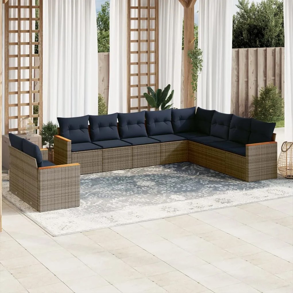 vidaXL 10 pcs conjunto sofás p/ jardim c/ almofadões vime PE cinzento