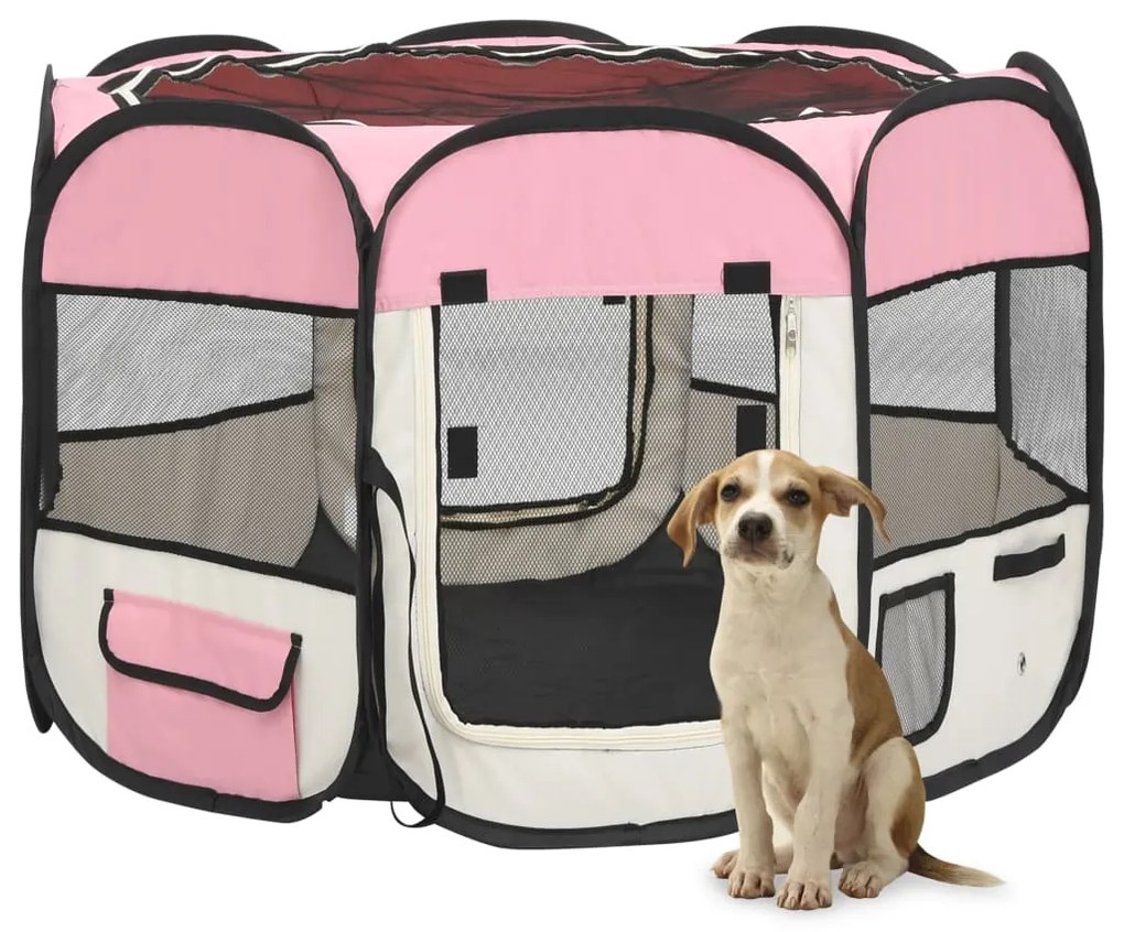 171009 vidaXL Parque dobrável p/ cão c/ saco de transporte 90x90x58 cm rosa