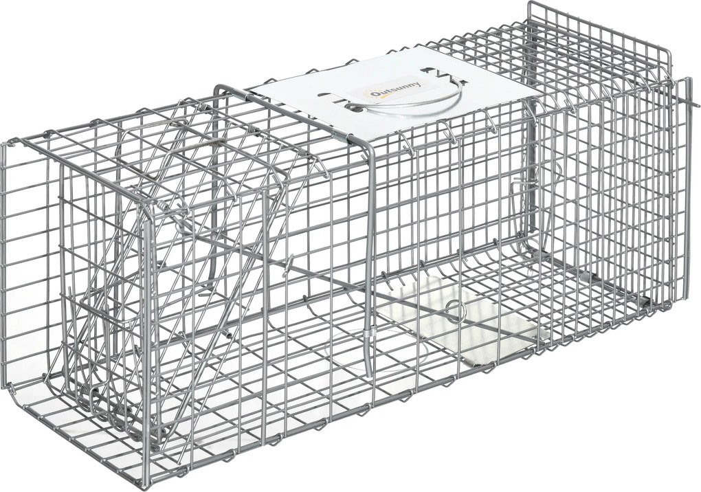 Outsunny Armadilha Dobrável para Animais Automática 66x24x30,5 cm Gaiola de Captura com Porta e Alça para Coelhos Roedores Prata | Aosom Portugal