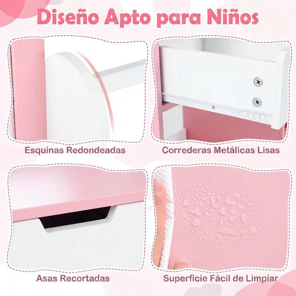 Conjunto de Toucador Infantil com Espelho e Cadeira, 80 x 40 x 118 cm, Arrumação Espaçosa, Cor-de-rosa