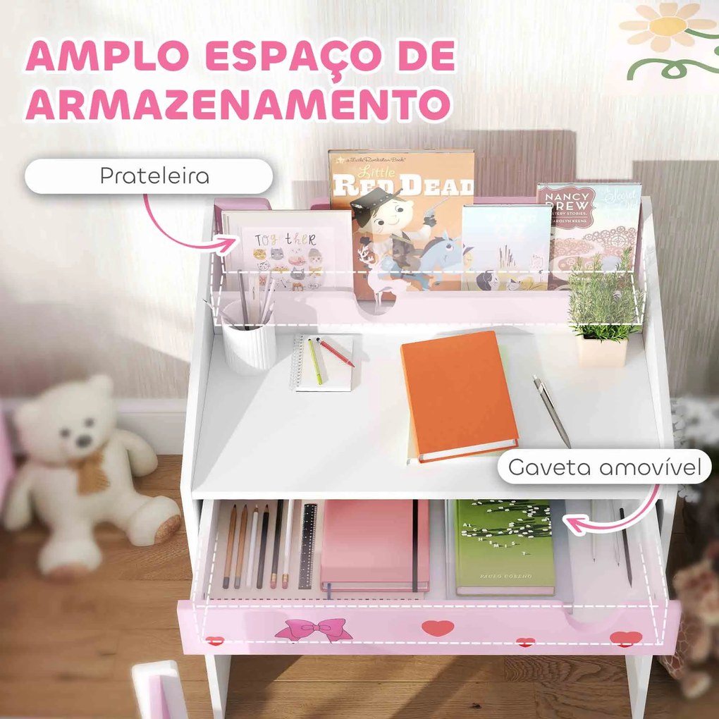 Conjunto de Secretária e Cadeira para Crianças com Gaveta Amovível e Compartimento para Dormitório Sala de Jogos Rosa e Branco