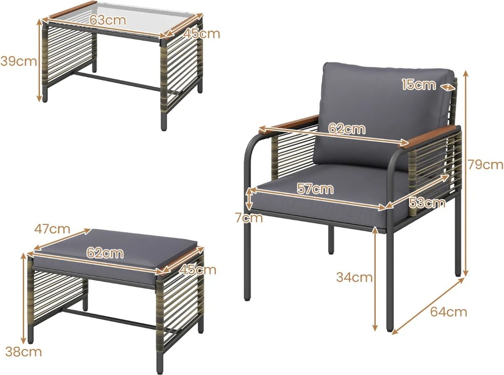 Conjunto de jardim 5 peças Rattan com Almofadas 2 Pufes Mesa de Vidro temperado cinzento