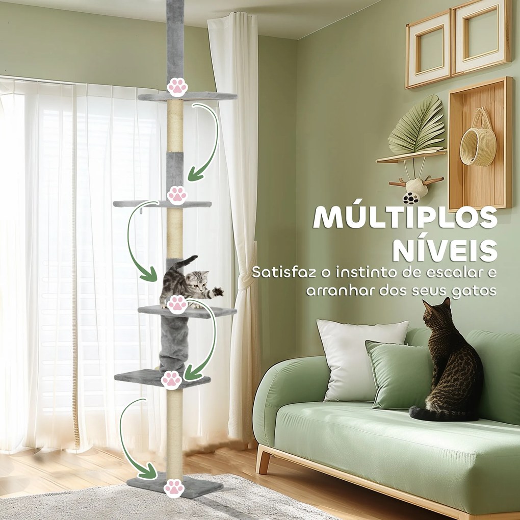 Arranhador para Gatos do Chão ao Teto 225-275 cm Torre para Gatos com Múltiplas Plataformas Sistema Anti-Tombo Cinza