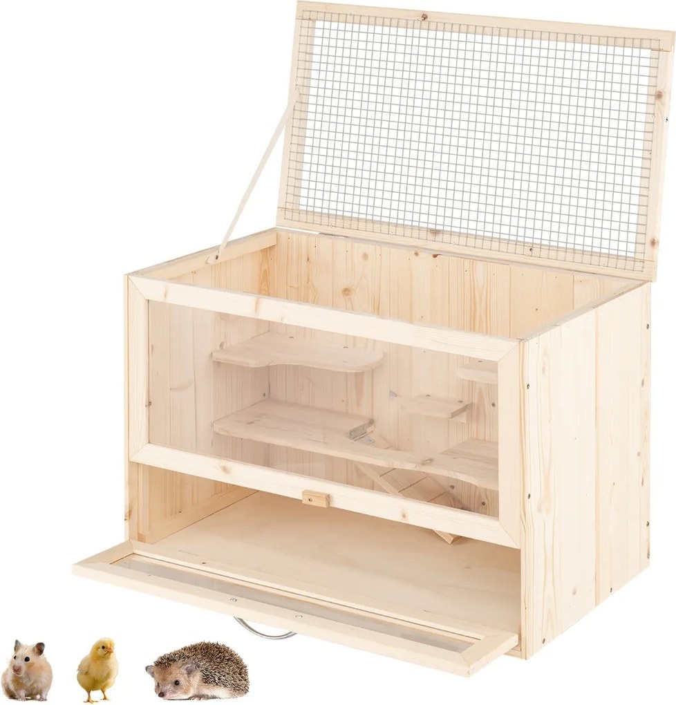 Gaiola de madeira para hamsters com tampa de malha rebatível, várias áreas para escalar, rampa, painel acrílico, porta com fechadura castanha