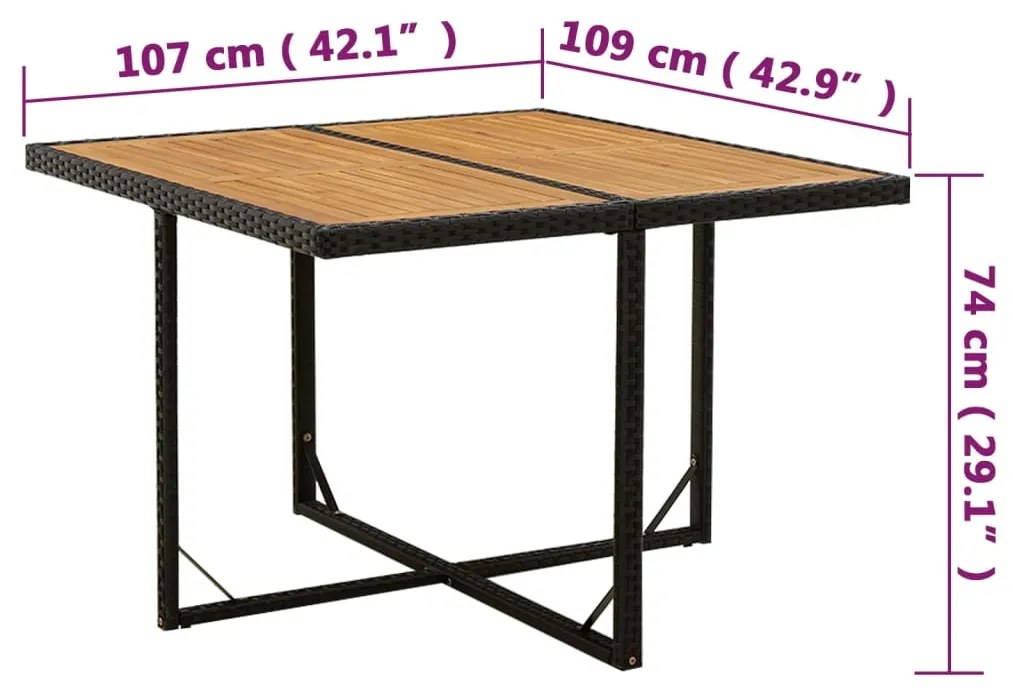 Mesa de jardim 109x107x74 cm vime PE e acácia maciça preto