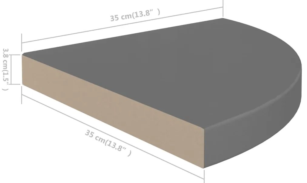 Prateleira de canto suspensa 35x35x3,8 cm MDF cinza brilhante