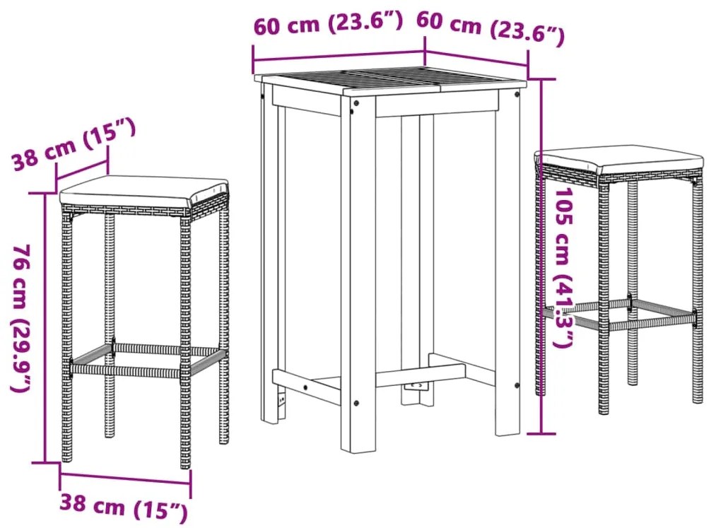 3 pcs conjunto de bar p/ jardim acácia maciça/vime PE castanho