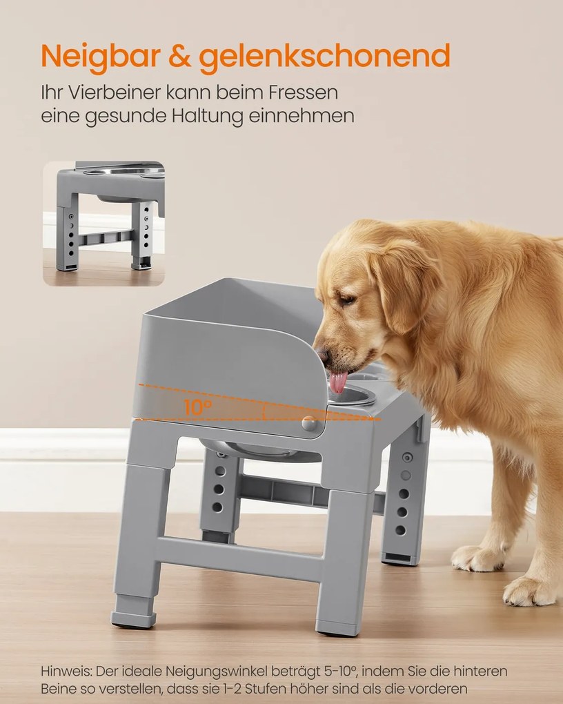 Comedouro elevado para cães com suporte ajustável 42,5 x 24 x (28,5-36,5) cinzento
