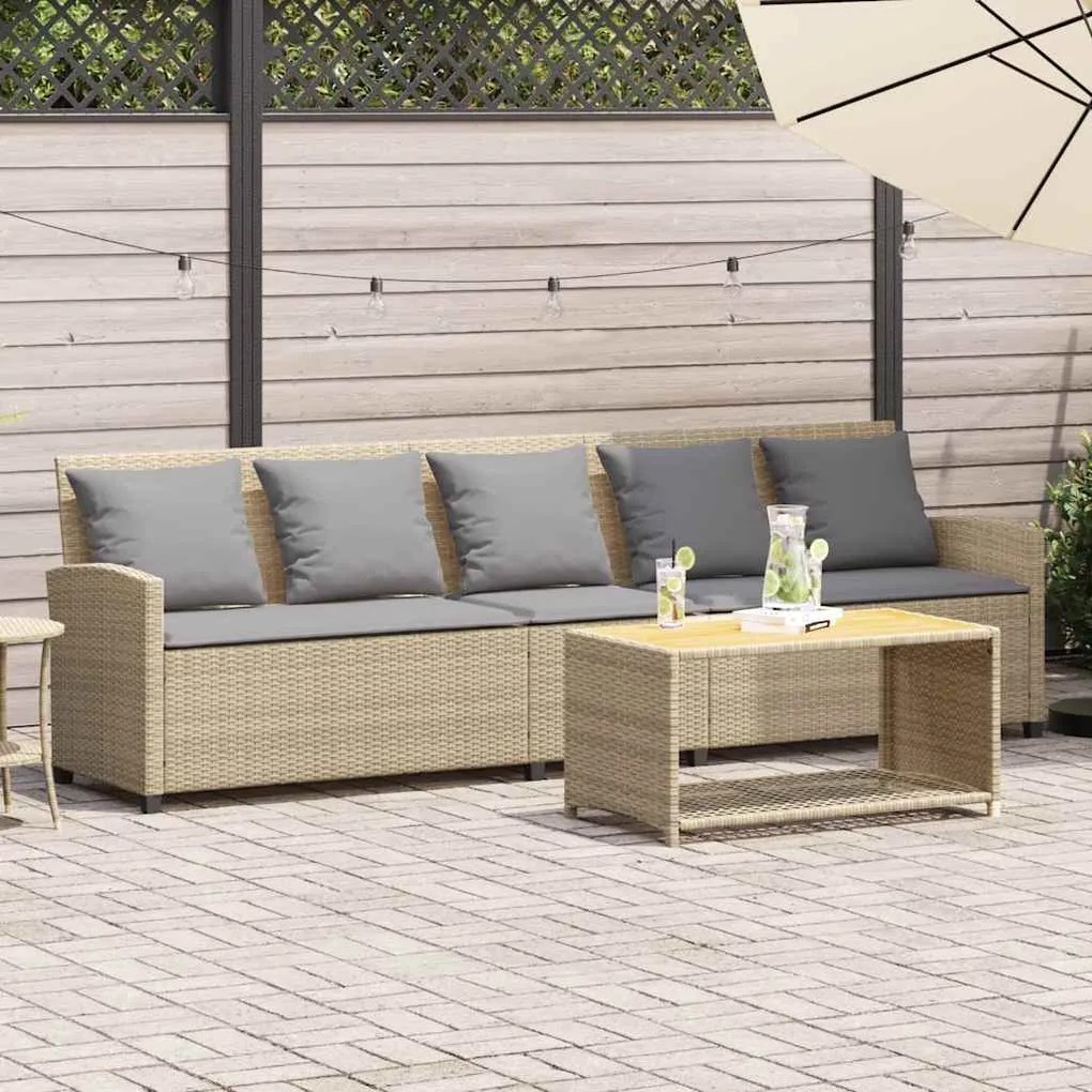 vidaXL Sofá de jardim de 5 lugares com almofadões vime PE bege