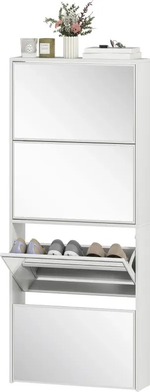 Sapateira Estreita com Espelho 4 Portas Abatíveis para 12 Pares de Sapatos para Espaços Reduzidos 63x17x146 cm Branco