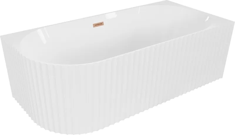 Mexen Gia banheira independente de canto canelada direita 150 x 75 cm, branco brilhante, transbordo cobre escovado