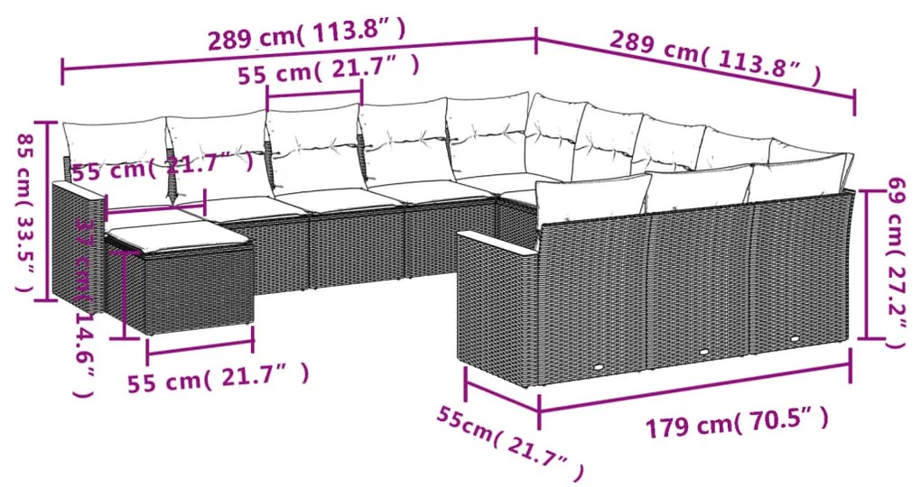 12 pcs conjunto de sofás jardim c/ almofadões vime PE cinzento