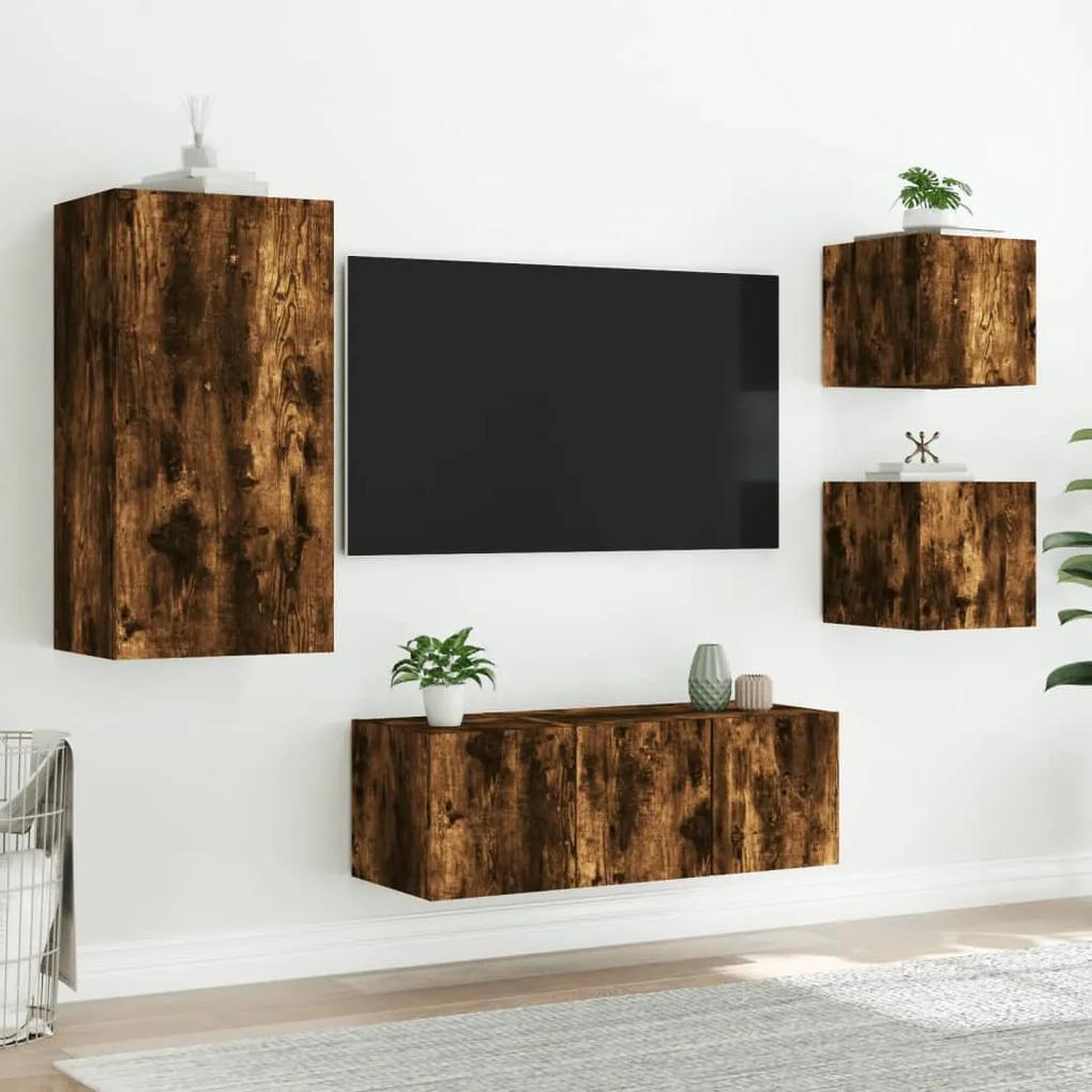 5pcs móveis parede p/ TV c/ LEDs deriv. madeira carvalho fumado