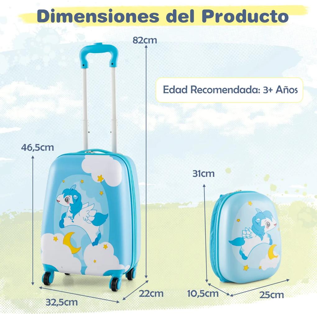 Conjunto de 2 malas de mão infantil com rodas, mala dura, mochila portátil, bagagem rolante Azul Claro